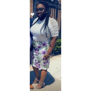 White floral pencil skirt with purple lavender flowers